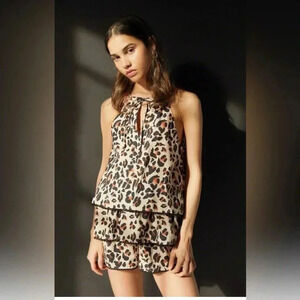 NWT Urban Outfitters Kendal Brown/Tan Cheetah Animal Print Tiered Romper; size L
